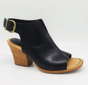 Born Moraine Black Peep Toe Sandal With Leather Stacked Heel